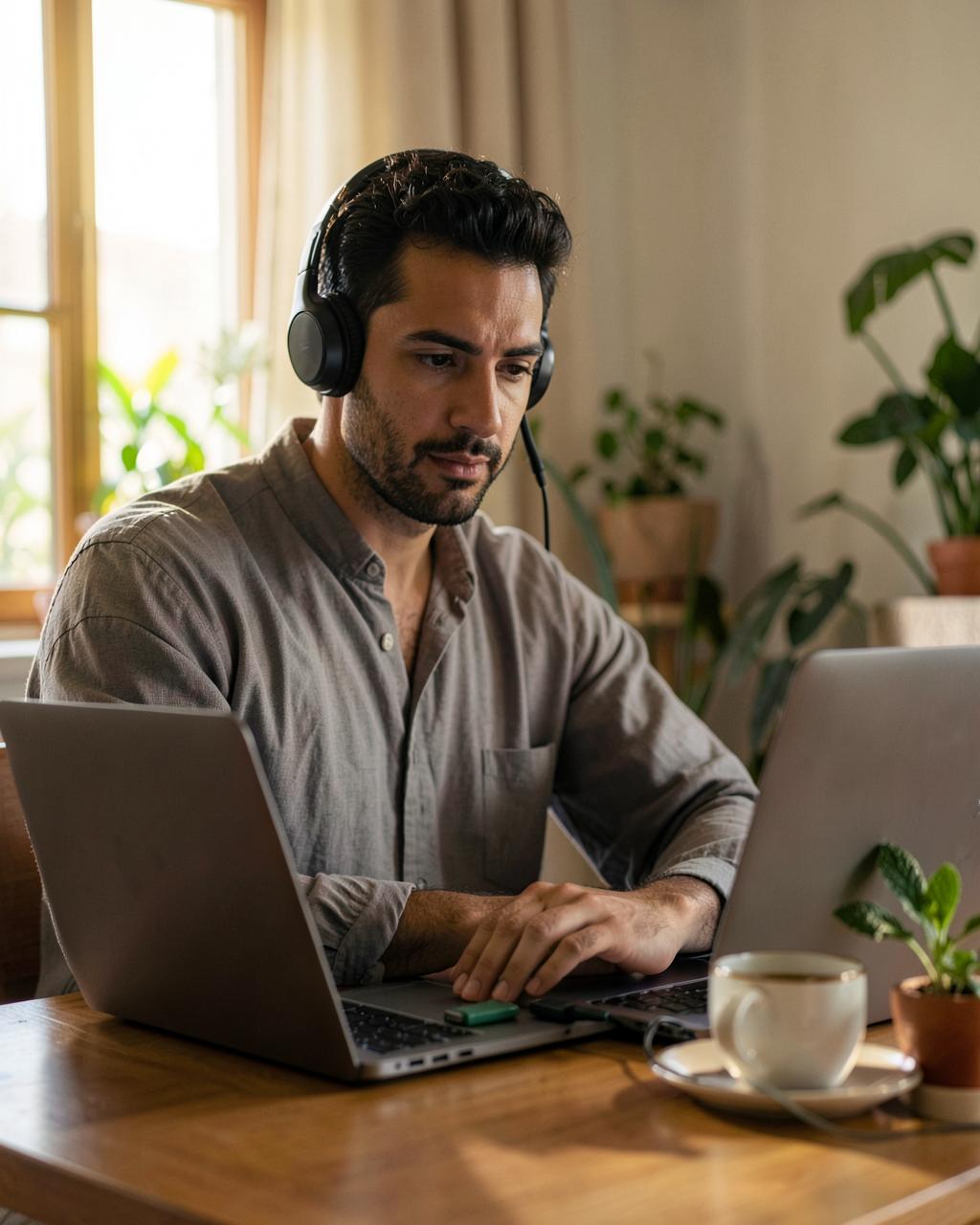 شخص يعمل على حاسوبه المحمول مع سماعات