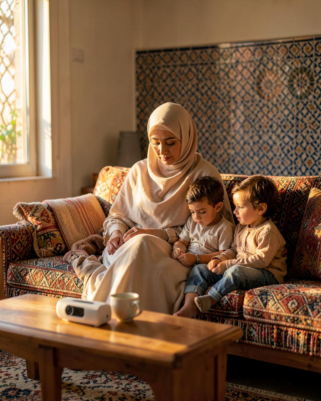 أم مع أطفالها في صالون مغربي دافئ